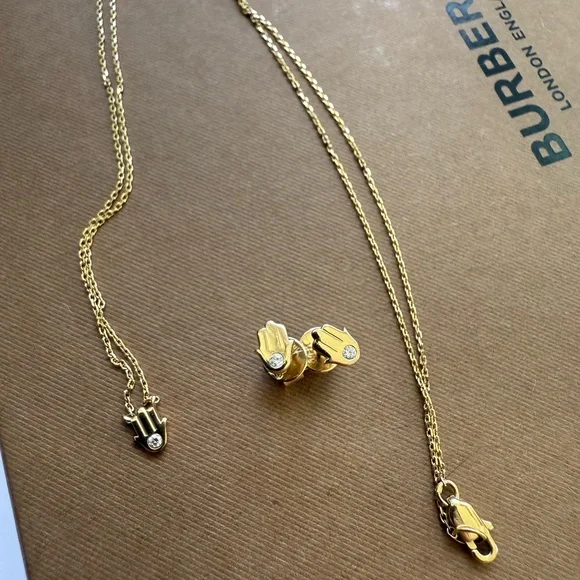 14K Solid Gold Hamsa Necklace + Earrings with natural diamonds - Picture 4 of 7